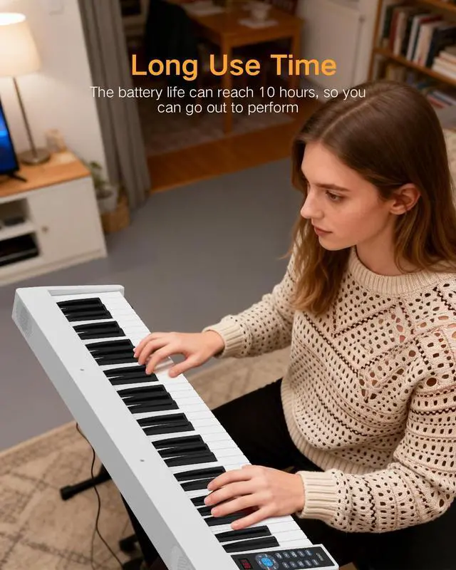 Alt view image 5 of 7 - 61 Key Folding Piano, FP61C Touch Sensitive Foldable Electric Keyboard for Beginners, Portable Piano with Sheet Music Stand, Sustain Pedal, Carrying Bag, White