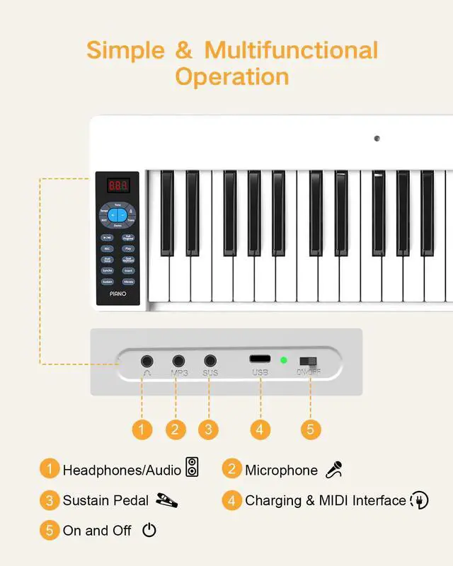 Alt view image 7 of 7 - 61 Key Folding Piano, FP61C Touch Sensitive Foldable Electric Keyboard for Beginners, Portable Piano with Sheet Music Stand, Sustain Pedal, Carrying Bag, White