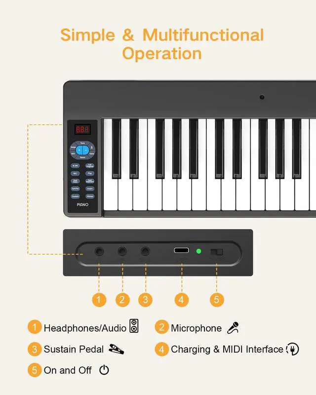 Alt view image 4 of 7 - Folding Piano 61 Key, Foldable Sensitive Electric Piano for Beginners, Portable Piano Keyboard with Sheet Music Stand, Bag, Pedal