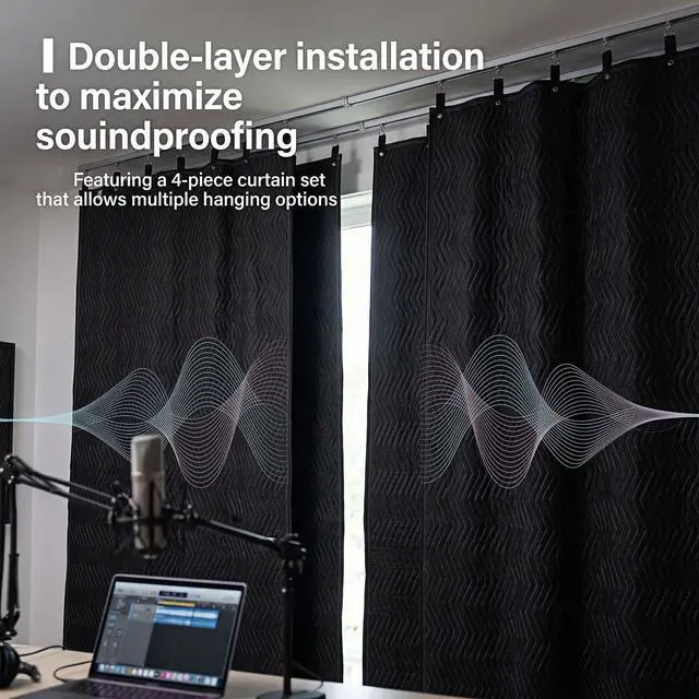 Alt view image 4 of 7 - 4 Pcs Extra Large Sound Absorbing Blanket 96x80, Sound Proof Curtain | Heavy Duty, Effectively Absorbs Sound Waves, Thick Quilted Cotton Fabric, Studio Acoustic Cancelling Curtain for Wall Hanging