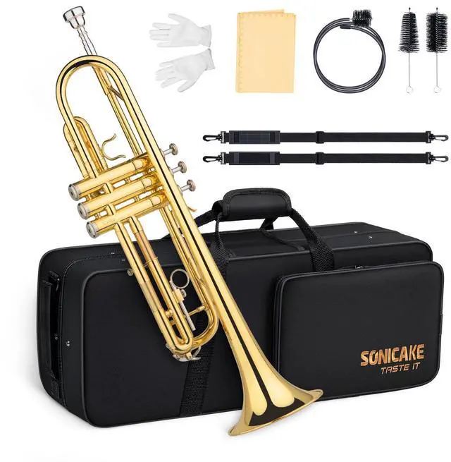 Main image of Bb Standard Trumpet, Student Trumpet Set for Beginner, Brass Trumpet Instrument with Hard Case, Cleaning Kit, 7C Mouthpiece and Gloves, Ideal Gift for School Band Orchestra, QTP-01, Golden