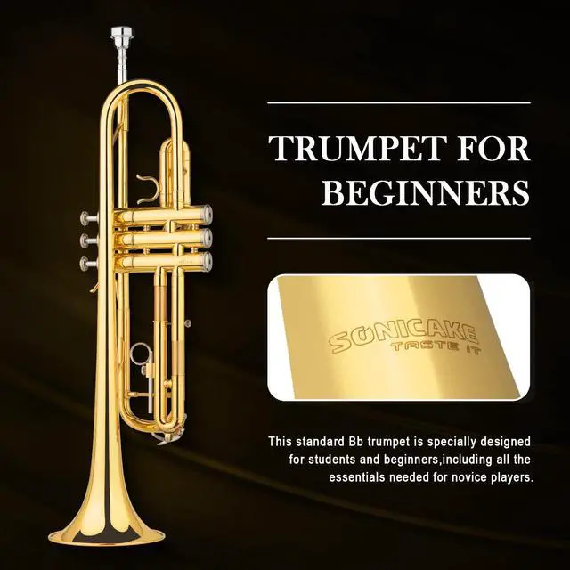 Alt view image 2 of 6 - Bb Standard Trumpet, Student Trumpet Set for Beginner, Brass Trumpet Instrument with Hard Case, Cleaning Kit, 7C Mouthpiece and Gloves, Ideal Gift for School Band Orchestra, QTP-01, Golden