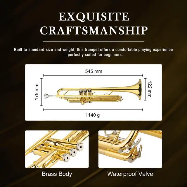 Alt view image 4 of 6 - Bb Standard Trumpet, Student Trumpet Set for Beginner, Brass Trumpet Instrument with Hard Case, Cleaning Kit, 7C Mouthpiece and Gloves, Ideal Gift for School Band Orchestra, QTP-01, Golden
