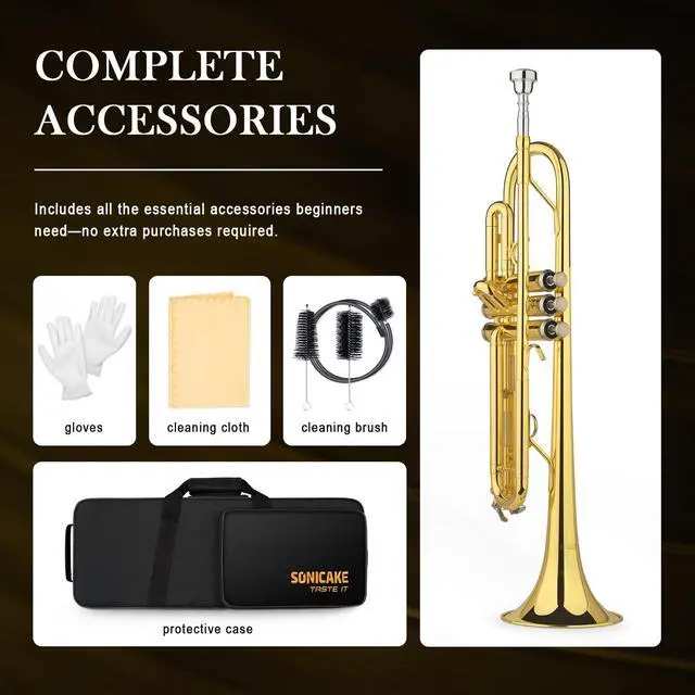 Alt view image 6 of 6 - Bb Standard Trumpet, Student Trumpet Set for Beginner, Brass Trumpet Instrument with Hard Case, Cleaning Kit, 7C Mouthpiece and Gloves, Ideal Gift for School Band Orchestra, QTP-01, Golden