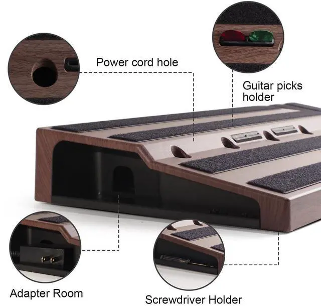 Alt view image 4 of 6 - Wood Grain ABS 22"x11" Large Guitar Pedal Board with Carry Bag | Built-in Power Supply Room, Cable Holes, Electric Guitar Effects Pedalboard Case with Padded Gig Bag & Mounting Accessories