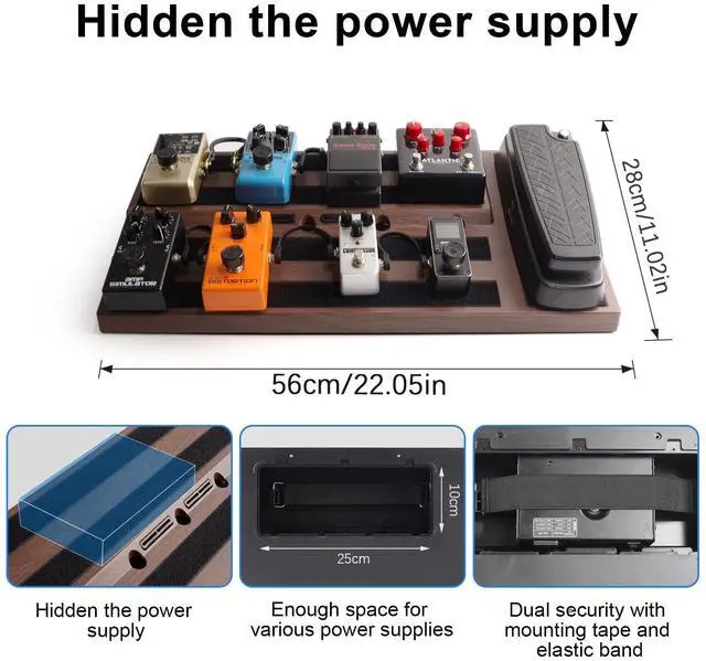 Alt view image 3 of 6 - Wood Grain ABS 22"x11" Large Guitar Pedal Board with Carry Bag | Built-in Power Supply Room, Cable Holes, Electric Guitar Effects Pedalboard Case with Padded Gig Bag & Mounting Accessories