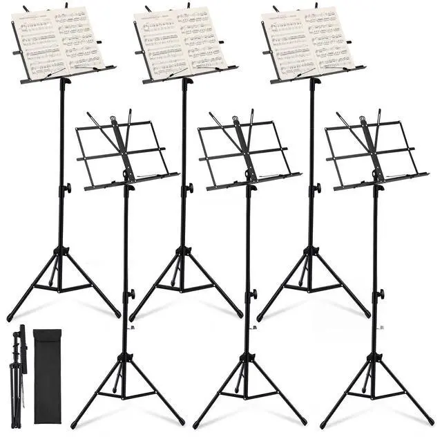 Main image of 6 Pack Portable Folding Music Stand with Carrying Bags, Dual Use Metal Desktop Book Holder, Adjustable Height 25.659", Stable Tripod for Musicians, Students & Band(Black)