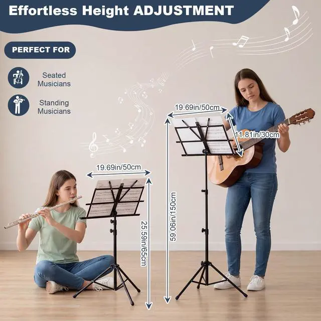 Alt view image 2 of 6 - 6 Pack Portable Folding Music Stand with Carrying Bags, Dual Use Metal Desktop Book Holder, Adjustable Height 25.659", Stable Tripod for Musicians, Students & Band(Black)
