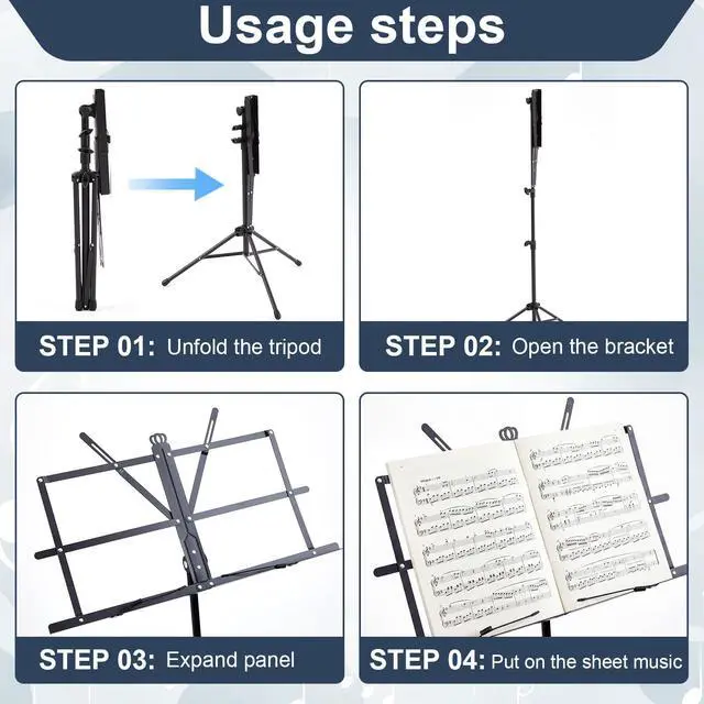 Alt view image 3 of 6 - 6 Pack Portable Folding Music Stand with Carrying Bags, Dual Use Metal Desktop Book Holder, Adjustable Height 25.659", Stable Tripod for Musicians, Students & Band(Black)