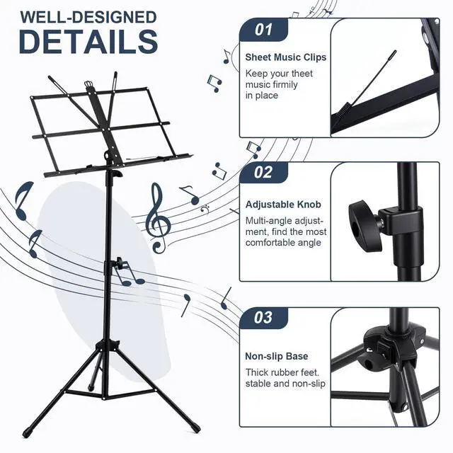 Alt view image 4 of 6 - 6 Pack Portable Folding Music Stand with Carrying Bags, Dual Use Metal Desktop Book Holder, Adjustable Height 25.659", Stable Tripod for Musicians, Students & Band(Black)