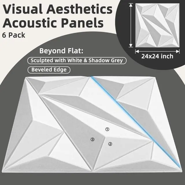 Alt view image 3 of 7 - Acoustic Wall Panels, 24 X 24 Inch White and Gray, 6 Pack | Soundproof Wall Panels, Sound Dampening, 3D Wall Decor, Absorbing Panels, Heavy Duty Self Adhesive, Cuttable