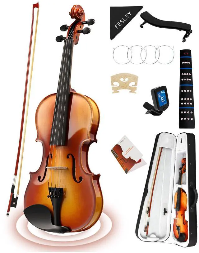 Main image of Violin Fiddle Full Set: 4/4 Polished Violin Kit for Beginners, Acoustic Violin with Hard Case, Solidwood Hand Made Starter Kit with Bow, Shoulder Rest, Tuner, Extra Strings
