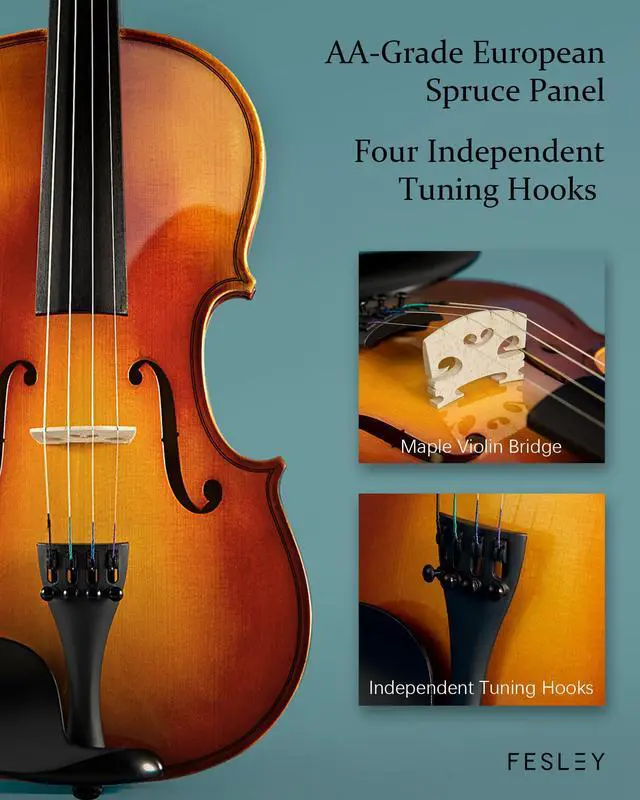 Alt view image 5 of 7 - Violin Fiddle Full Set: 4/4 Polished Violin Kit for Beginners, Acoustic Violin with Hard Case, Solidwood Hand Made Starter Kit with Bow, Shoulder Rest, Tuner, Extra Strings