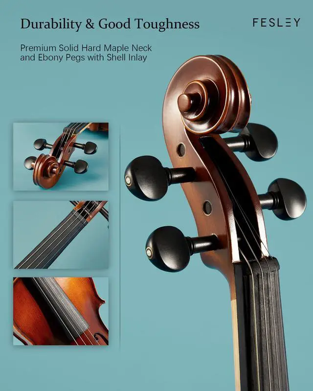 Alt view image 5 of 7 - 4/4 Beginner Violin Kit for Adults & Teens, Full Size Acoustic Violin Set with Hard Case, Bow, Shoulder Rest, Digital Tuner & Extra Strings, Handmade Solid Wood Student Violin