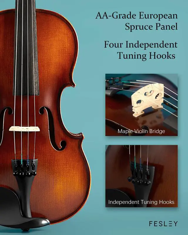 Alt view image 7 of 7 - 4/4 Beginner Violin Kit for Adults & Teens, Full Size Acoustic Violin Set with Hard Case, Bow, Shoulder Rest, Digital Tuner & Extra Strings, Handmade Solid Wood Student Violin