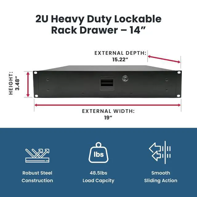 Alt view image 2 of 6 - 3232LK Standard Sliding Steel Rack Drawer for 2 Rack Spaces (2U) with Slam Latch & Key Lock, 14 Inch Deep Gear Storage