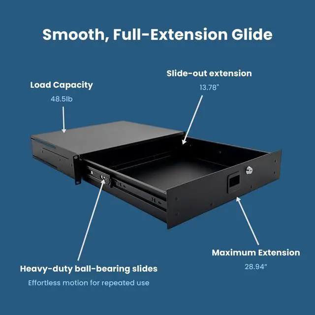 Alt view image 4 of 6 - 3232LK Standard Sliding Steel Rack Drawer for 2 Rack Spaces (2U) with Slam Latch & Key Lock, 14 Inch Deep Gear Storage