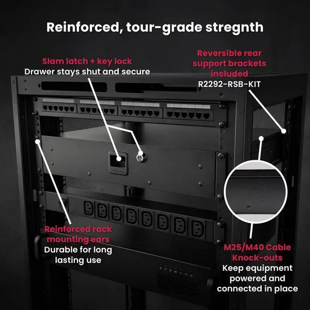 Alt view image 5 of 6 - 3232LK Standard Sliding Steel Rack Drawer for 2 Rack Spaces (2U) with Slam Latch & Key Lock, 14 Inch Deep Gear Storage