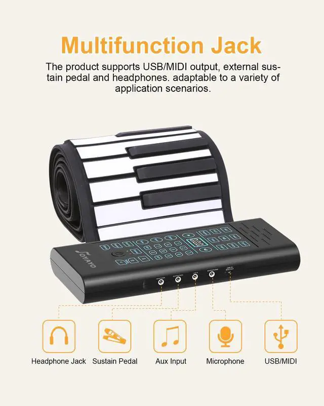 Alt view image 5 of 6 - 61 Keys Roll Up Piano, Portable Foldable Hand Roll Keyboard, 128 Tones & Rhythms, 14 Demo Songs, Wired MIDI, Builtin Speaker, Headphone Jack, Rechargeable Battery for Beginners Travel and Gifts