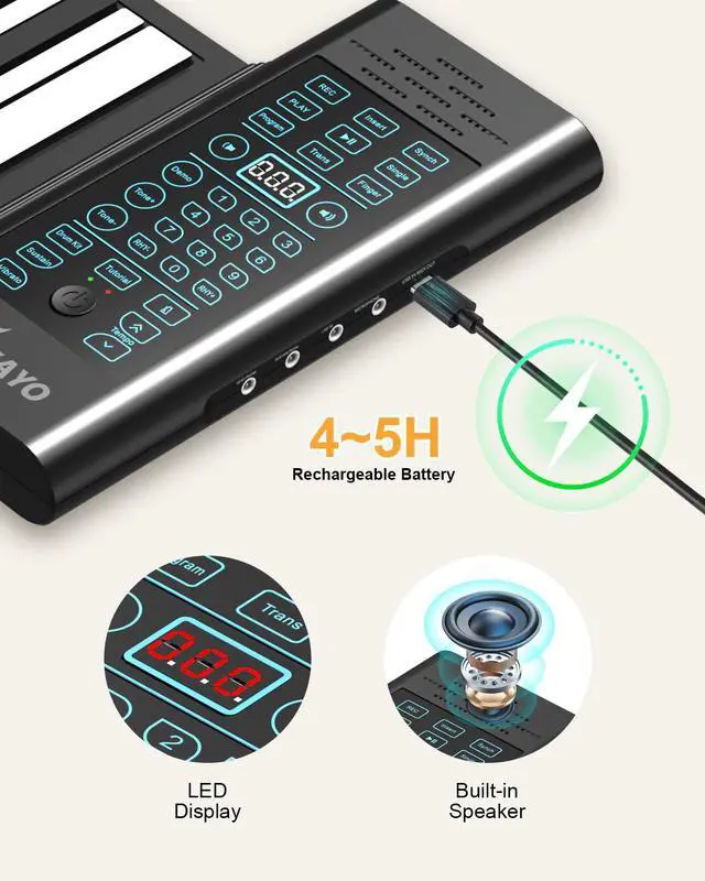 Alt view image 6 of 6 - 61 Keys Roll Up Piano, Portable Foldable Hand Roll Keyboard, 128 Tones & Rhythms, 14 Demo Songs, Wired MIDI, Builtin Speaker, Headphone Jack, Rechargeable Battery for Beginners Travel and Gifts