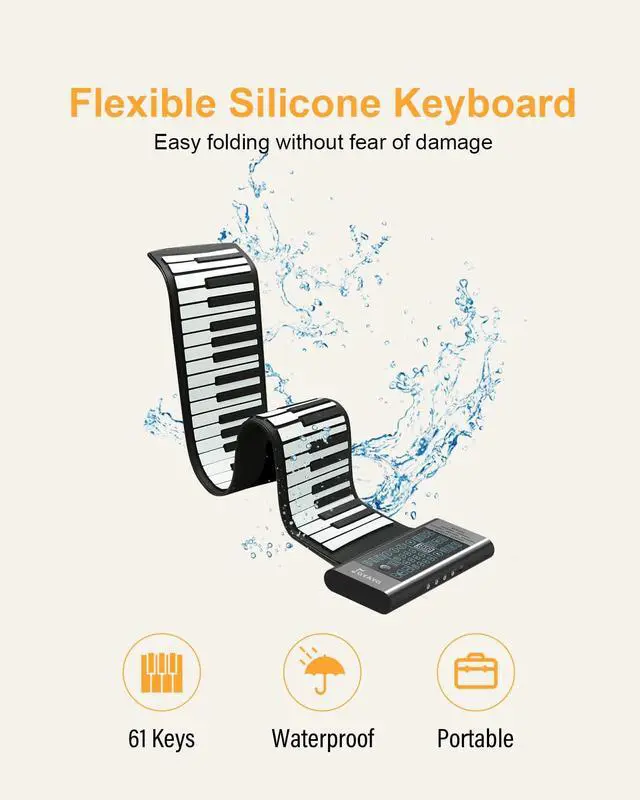 Alt view image 4 of 6 - 61 Keys Roll Up Piano, Portable Foldable Hand Roll Keyboard, 128 Tones & Rhythms, 14 Demo Songs, Wired MIDI, Builtin Speaker, Headphone Jack, Rechargeable Battery for Beginners Travel and Gifts