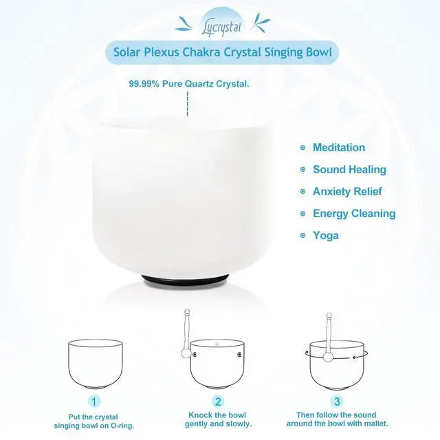 Alt view image 4 of 6 - 8 Inch E Note Frosted Quartz CrystalSinging Bowl | Solar Plexus Chakra, Sound Bowl, Mallet and O-ring, Sound Healing Meditation