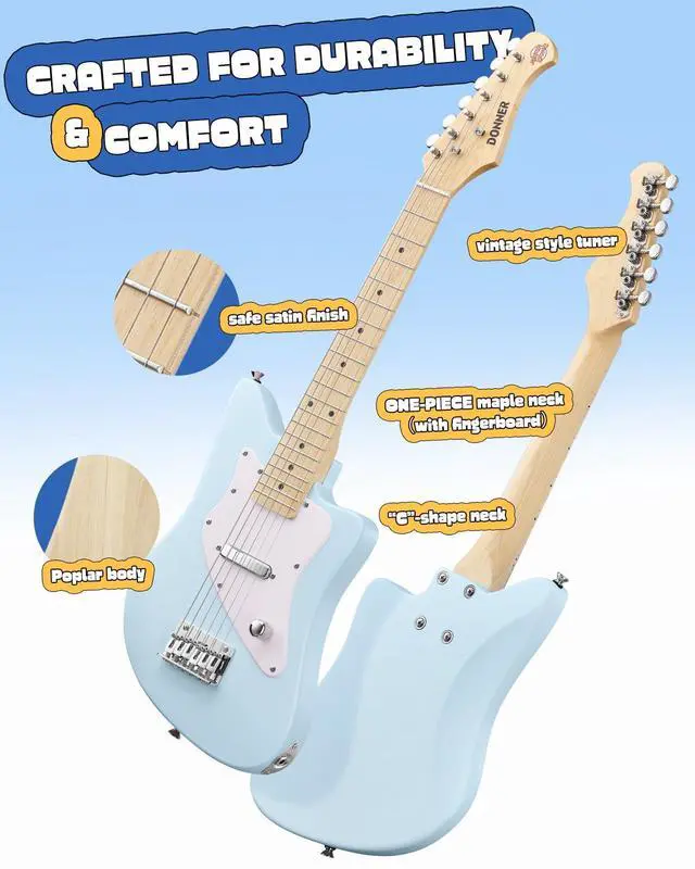 Alt view image 4 of 7 - 30 Inch Kids Electric Guitar Beginner Kit (Blue) | Short Scale Starter Pack for Boys & Girls, with Mini Amp, Strap, Picks, Turner, Clear Sound and Kid-Friendly Finish, DJM-100