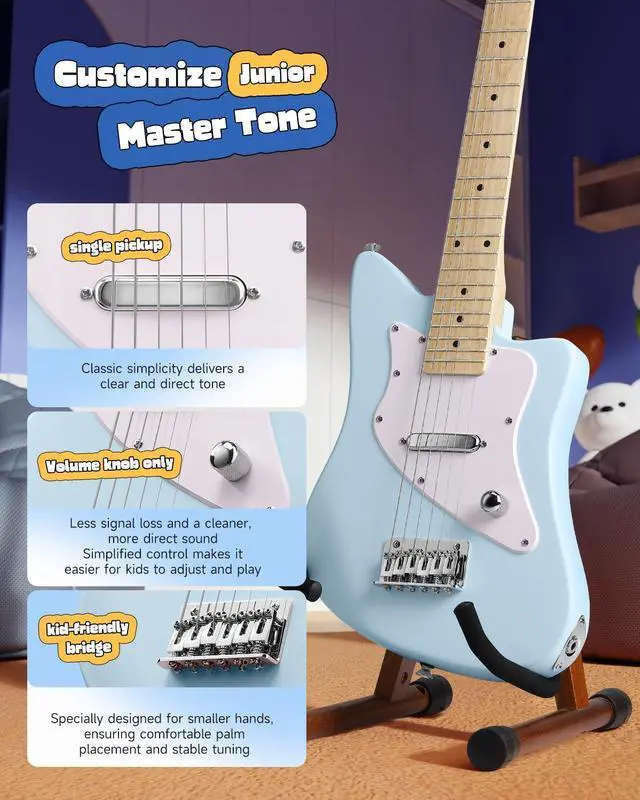Alt view image 3 of 7 - 30 Inch Kids Electric Guitar Beginner Kit (Blue) | Short Scale Starter Pack for Boys & Girls, with Mini Amp, Strap, Picks, Turner, Clear Sound and Kid-Friendly Finish, DJM-100
