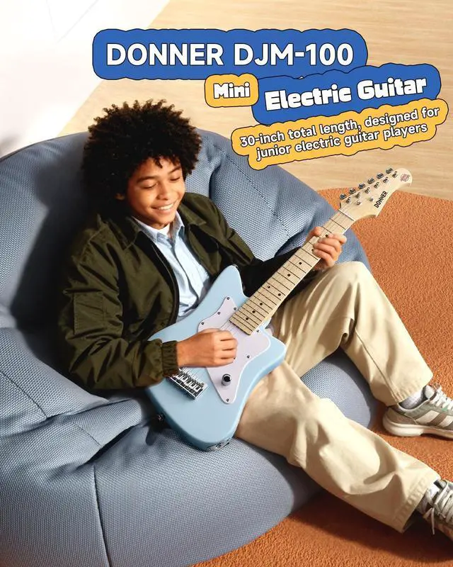 Alt view image 2 of 7 - 30 Inch Kids Electric Guitar Beginner Kit (Blue) | Short Scale Starter Pack for Boys & Girls, with Mini Amp, Strap, Picks, Turner, Clear Sound and Kid-Friendly Finish, DJM-100