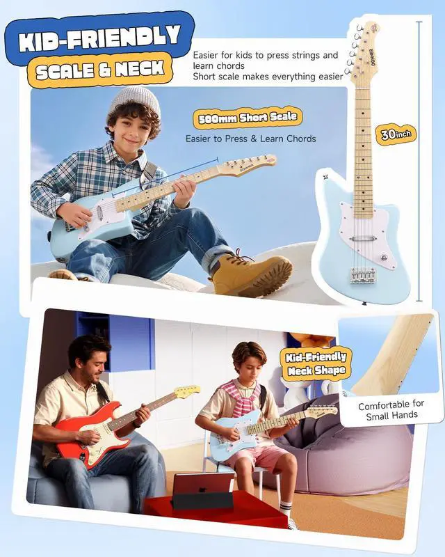Alt view image 5 of 7 - 30 Inch Kids Electric Guitar Beginner Kit (Blue) | Short Scale Starter Pack for Boys & Girls, with Mini Amp, Strap, Picks, Turner, Clear Sound and Kid-Friendly Finish, DJM-100