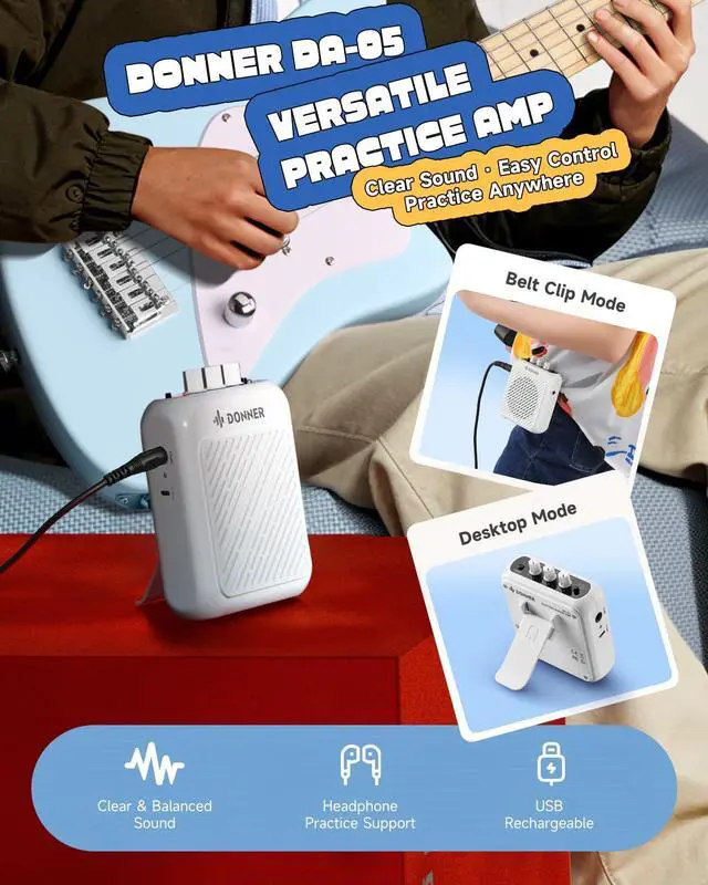 Alt view image 6 of 7 - 30 Inch Kids Electric Guitar Beginner Kit (Blue) | Short Scale Starter Pack for Boys & Girls, with Mini Amp, Strap, Picks, Turner, Clear Sound and Kid-Friendly Finish, DJM-100