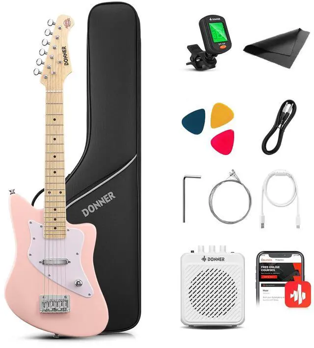 Main image of 30 Inch Kids Electric Guitar Beginner Kit (Pink) | Short Scale Starter Pack for Boys & Girls, with Mini Amp, Strap, Picks, Turner, Clear Sound and Kid-Friendly Finish, DJM-100
