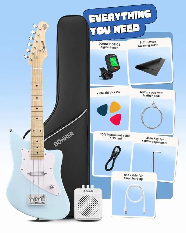 Alt view image 7 of 7 - 30 Inch Kids Electric Guitar Beginner Kit (Blue) | Short Scale Starter Pack for Boys & Girls, with Mini Amp, Strap, Picks, Turner, Clear Sound and Kid-Friendly Finish, DJM-100
