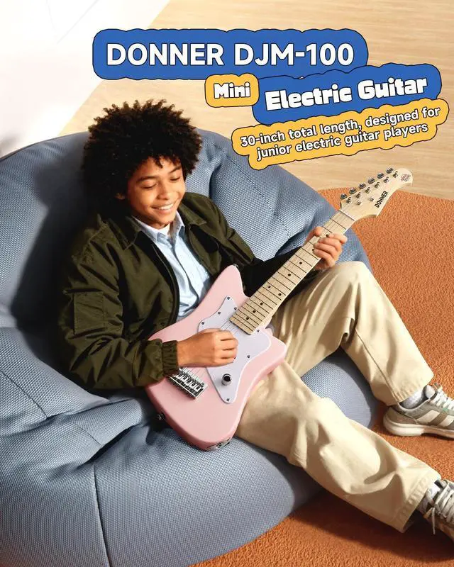 Alt view image 2 of 7 - 30 Inch Kids Electric Guitar Beginner Kit (Pink) | Short Scale Starter Pack for Boys & Girls, with Mini Amp, Strap, Picks, Turner, Clear Sound and Kid-Friendly Finish, DJM-100