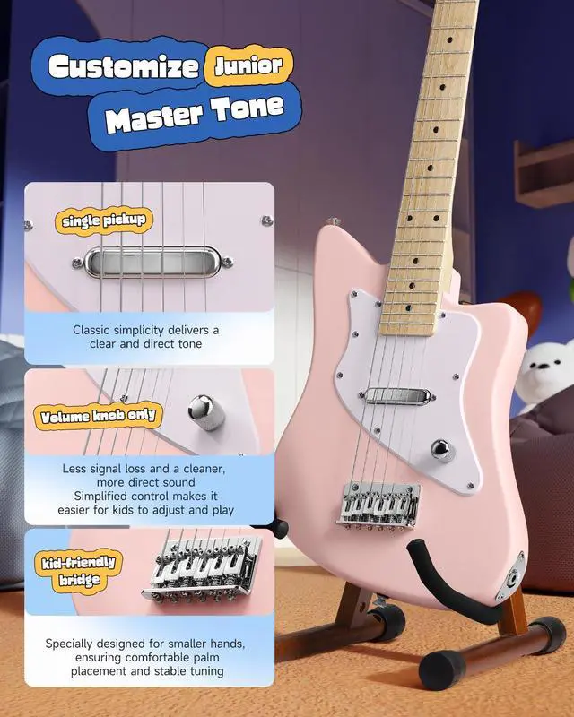 Alt view image 3 of 7 - 30 Inch Kids Electric Guitar Beginner Kit (Pink) | Short Scale Starter Pack for Boys & Girls, with Mini Amp, Strap, Picks, Turner, Clear Sound and Kid-Friendly Finish, DJM-100