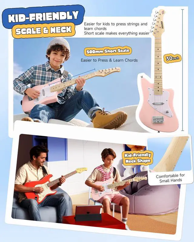 Alt view image 5 of 7 - 30 Inch Kids Electric Guitar Beginner Kit (Pink) | Short Scale Starter Pack for Boys & Girls, with Mini Amp, Strap, Picks, Turner, Clear Sound and Kid-Friendly Finish, DJM-100