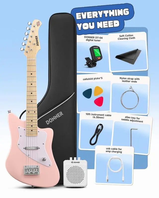 Alt view image 7 of 7 - 30 Inch Kids Electric Guitar Beginner Kit (Pink) | Short Scale Starter Pack for Boys & Girls, with Mini Amp, Strap, Picks, Turner, Clear Sound and Kid-Friendly Finish, DJM-100