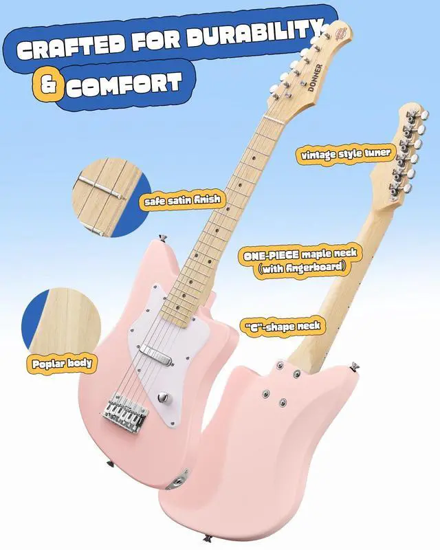 Alt view image 4 of 7 - 30 Inch Kids Electric Guitar Beginner Kit (Pink) | Short Scale Starter Pack for Boys & Girls, with Mini Amp, Strap, Picks, Turner, Clear Sound and Kid-Friendly Finish, DJM-100