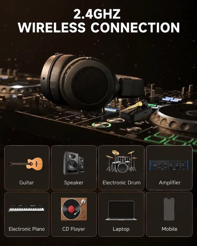 Alt view image 5 of 7 - 2.4GHz Wireless Headphones for Guitar Amp, 20ms Low Latency | Over Ear Headphones with 6.35mm & 3.5mm Jack, for Bass Guitar Studio Monitor & Mixing DJ AMP Keyboard, Black