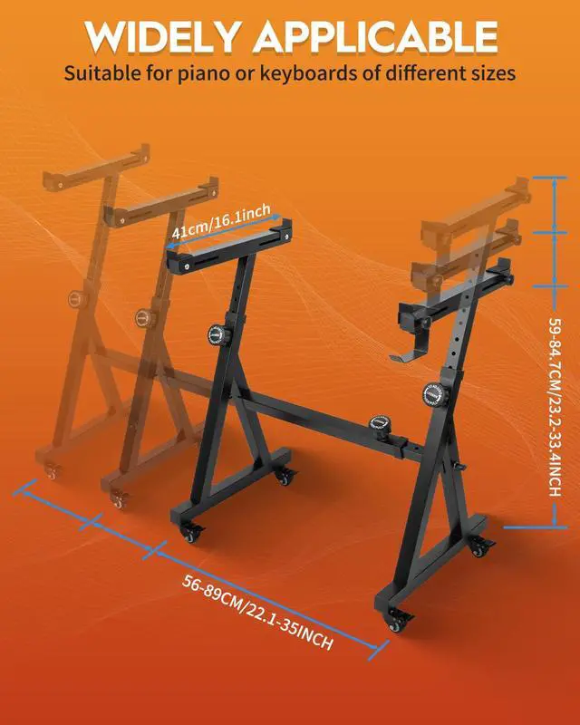 Alt view image 2 of 7 - Piano Keyboard Stand Heavy Duty With Wheels and Stand Pads - Adjustable Portable Music Stand, Fits 54, 61, 88 Key Electric Pianos, Sturdy Musical Keyboard Stand, SKT-02S (Z-Style)