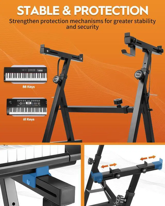 Alt view image 6 of 7 - Piano Keyboard Stand Heavy Duty With Wheels and Stand Pads - Adjustable Portable Music Stand, Fits 54, 61, 88 Key Electric Pianos, Sturdy Musical Keyboard Stand, SKT-02S (Z-Style)