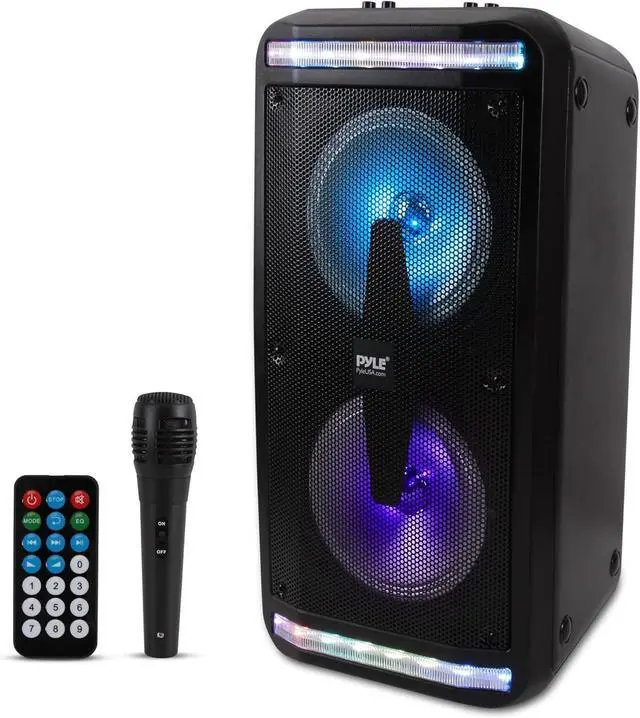 Main image of Bluetooth Speaker and PA System - Portable Stereo Karaoke System with Wired Mic, Built-in LED Party Lights, MP3/USB/Micro SD Readers, FM Radio, 8" Subwoofers, 600W MAX, 11.4" x 10.4" x 23.2"