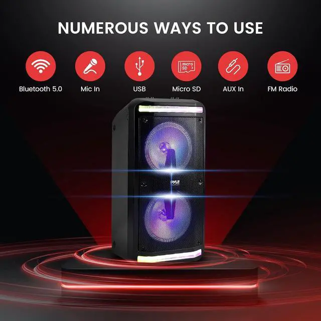 Alt view image 3 of 7 - Bluetooth Speaker and PA System - Portable Stereo Karaoke System with Wired Mic, Built-in LED Party Lights, MP3/USB/Micro SD Readers, FM Radio, 8" Subwoofers, 600W MAX, 11.4" x 10.4" x 23.2"