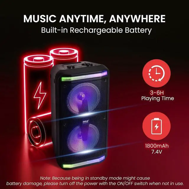 Alt view image 5 of 7 - Bluetooth Speaker and PA System - Portable Stereo Karaoke System with Wired Mic, Built-in LED Party Lights, MP3/USB/Micro SD Readers, FM Radio, 8" Subwoofers, 600W MAX, 11.4" x 10.4" x 23.2"