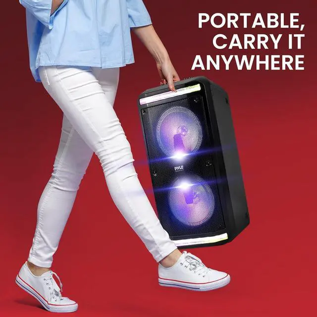 Alt view image 6 of 7 - Bluetooth Speaker and PA System - Portable Stereo Karaoke System with Wired Mic, Built-in LED Party Lights, MP3/USB/Micro SD Readers, FM Radio, 8" Subwoofers, 600W MAX, 11.4" x 10.4" x 23.2"