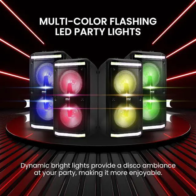 Alt view image 4 of 7 - Bluetooth Speaker and PA System - Portable Stereo Karaoke System with Wired Mic, Built-in LED Party Lights, MP3/USB/Micro SD Readers, FM Radio, 8" Subwoofers, 600W MAX, 11.4" x 10.4" x 23.2"