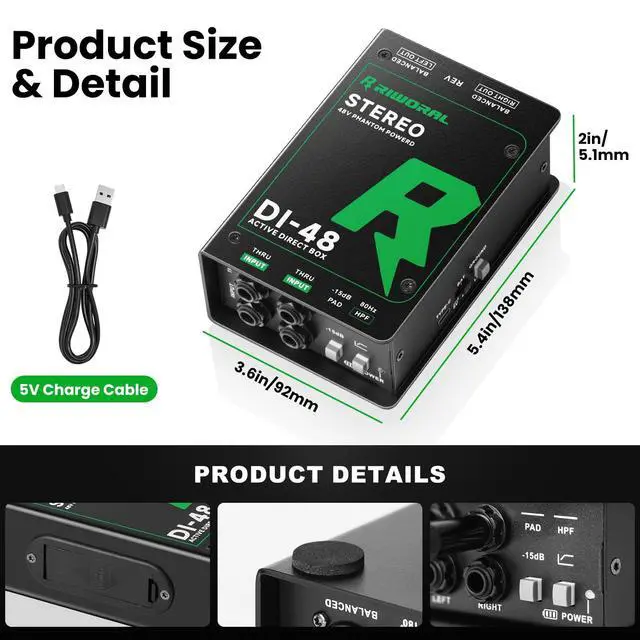 Alt view image 5 of 7 - Direct Box with Dual 1/4 High-Impedance Stereo Inputs Di Boxes Support For Guitar/Bass Instruments Premium Direct Injection Active Di Box For Thru & XLR Outputs (Direct Box)