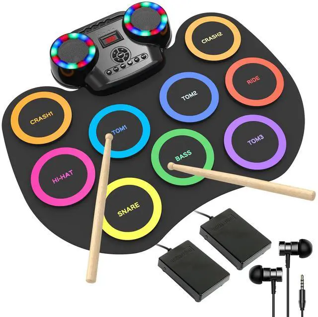 Main image of Electronic Drum Set 9Pads with LED Lights, Bluetooth Portable Electronic Drum Kit, Roll-Up Practice Drum Pad, Built-in Dual Speakers, Headphone, Holiday Birthday Gift for Kids