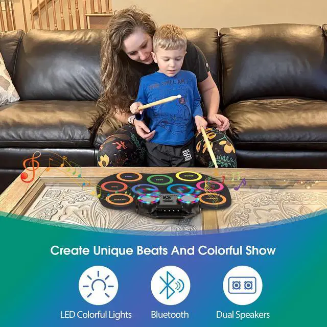 Alt view image 2 of 6 - Electronic Drum Set 9Pads with LED Lights, Bluetooth Portable Electronic Drum Kit, Roll-Up Practice Drum Pad, Built-in Dual Speakers, Headphone, Holiday Birthday Gift for Kids