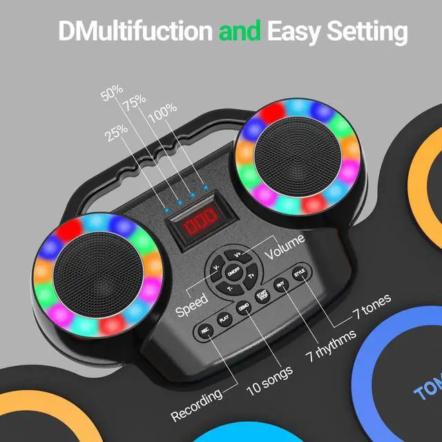 Alt view image 3 of 6 - Electronic Drum Set 9Pads with LED Lights, Bluetooth Portable Electronic Drum Kit, Roll-Up Practice Drum Pad, Built-in Dual Speakers, Headphone, Holiday Birthday Gift for Kids